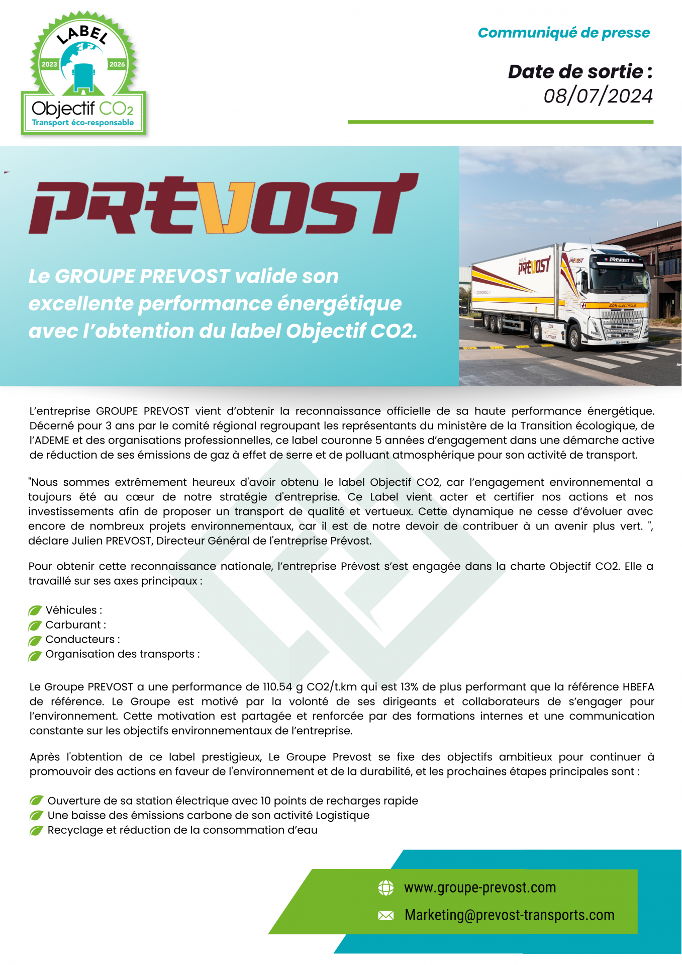 Le GROUPE PREVOST valide son excellente performance énergétique avec l’obtention du label Objectif CO2.